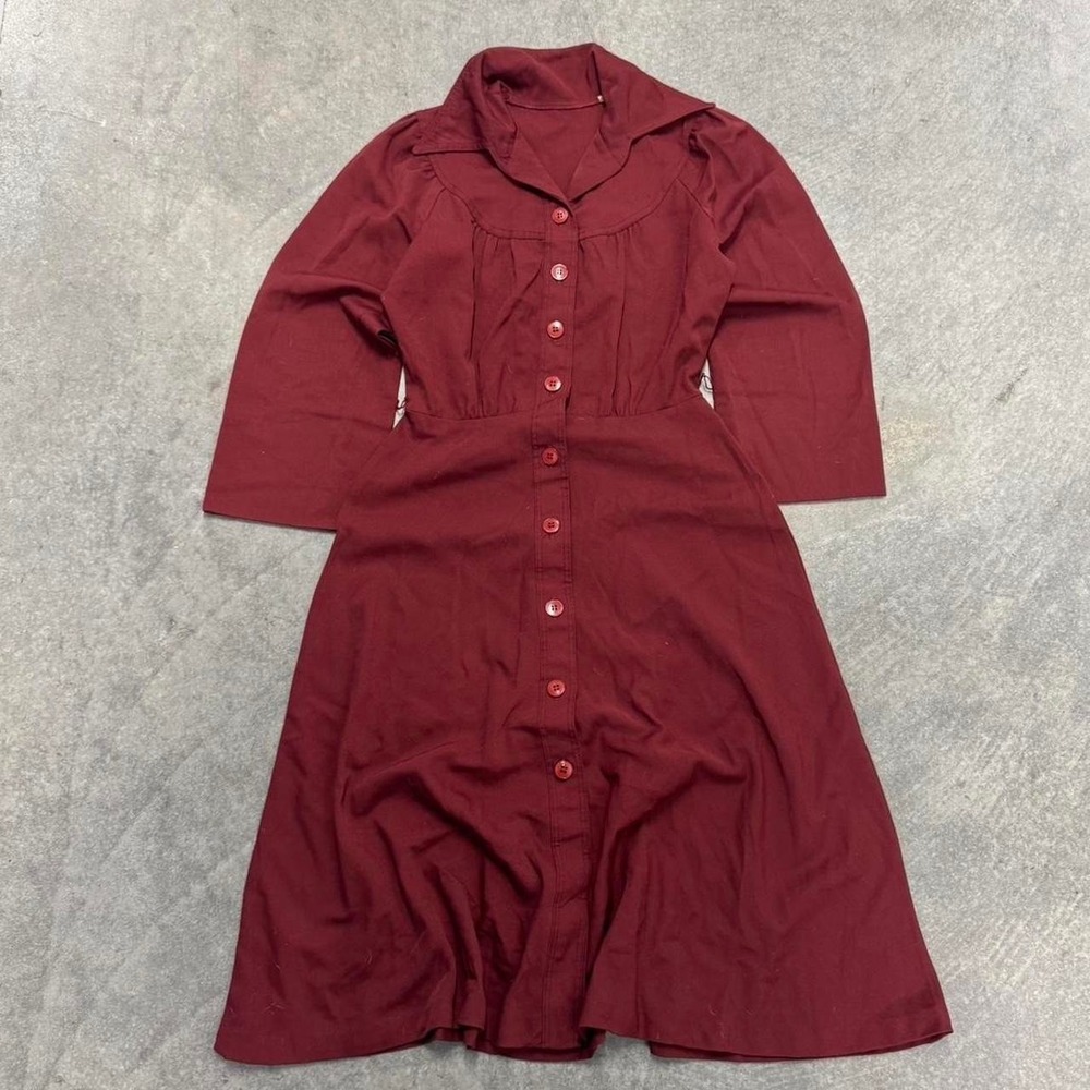 Vintage 1970s Burgundy Button Front Midi Dress Size 9 Prairie Style Retro